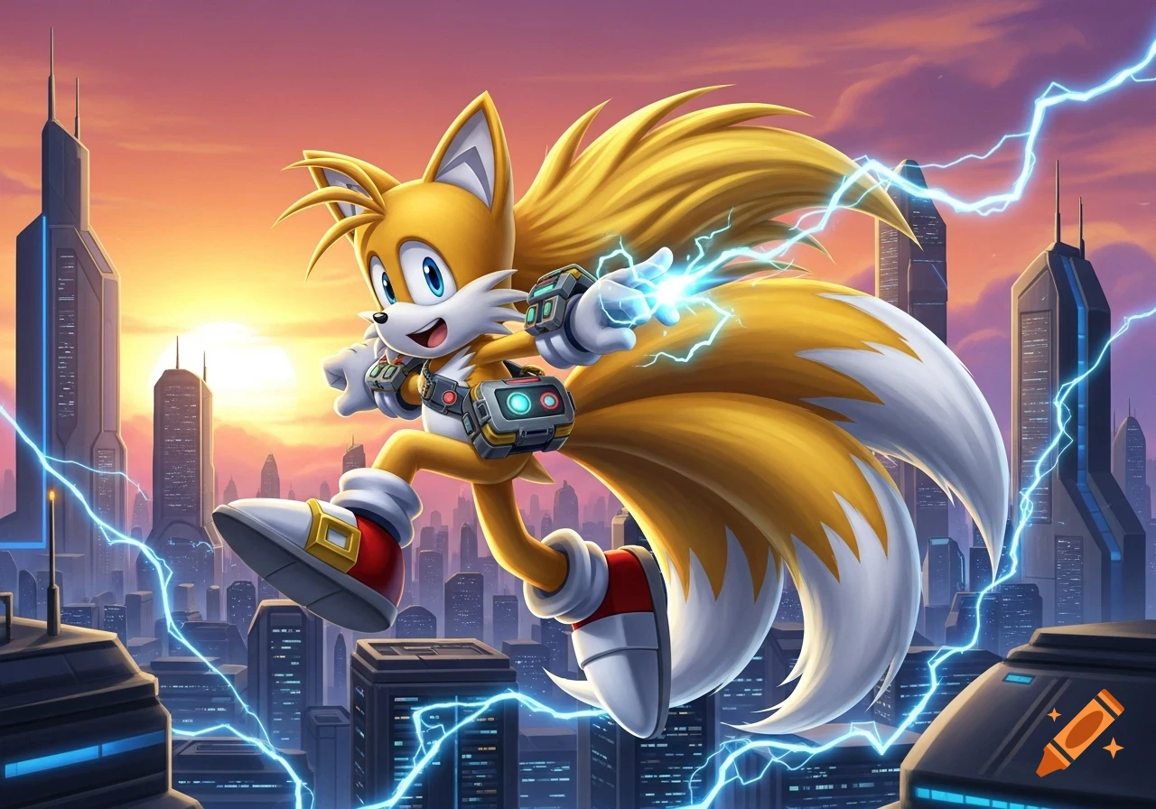 Tails, the two-tailed orange fox, hovers above a futuristic city at sunset with blue lightning. Digital art.