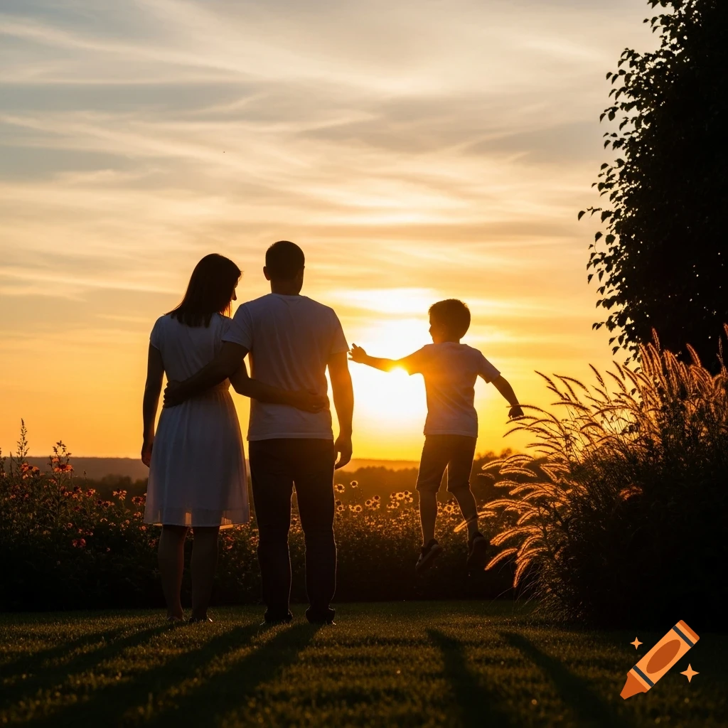 A family of three in silhouette, with a child jumping, against a vibrant sunset in a garden.