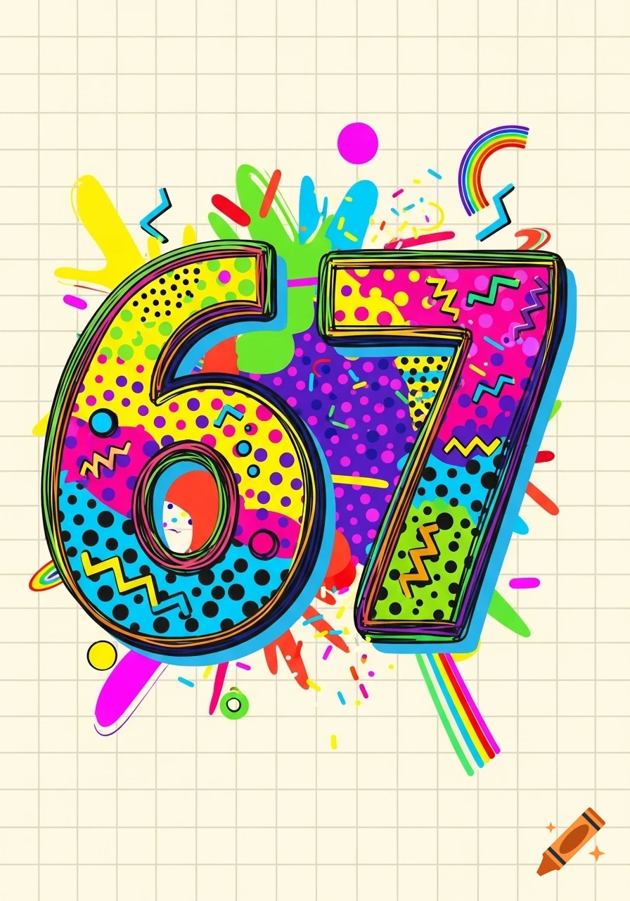 Colorful, funky 80s style illustration of the numbers 67 with vibrant patterns and a scribbled outline on a grid background.
