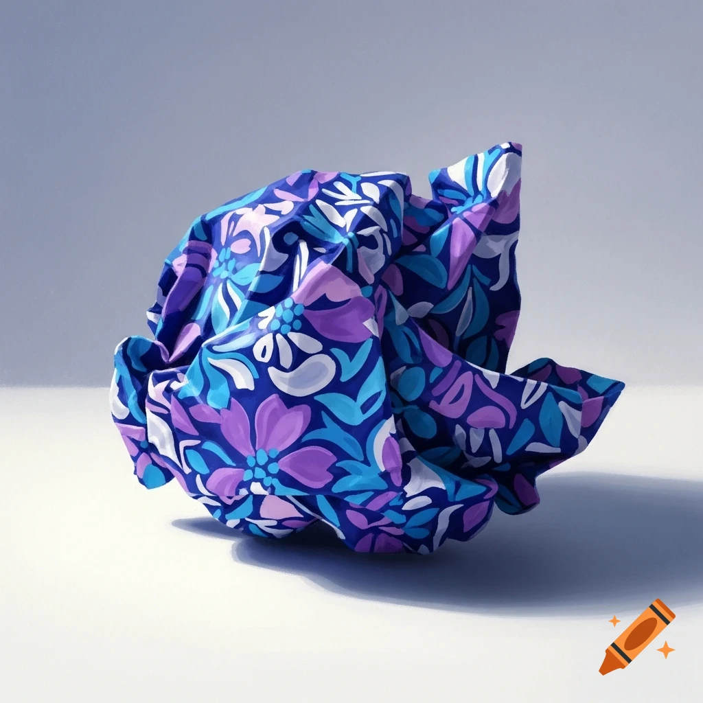 Crumpled blue and purple floral patterned paper on a light gray background.