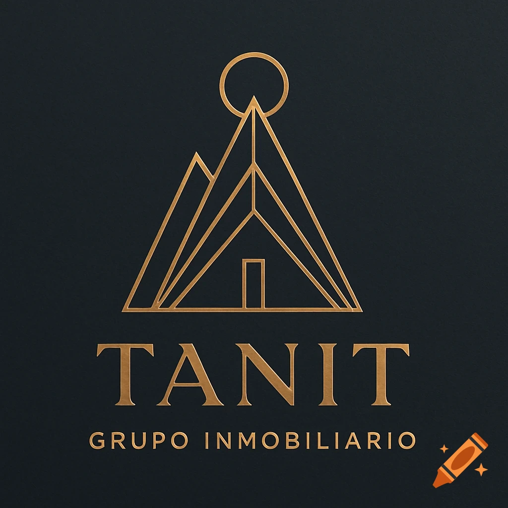 A gold geometric logo for TANIT Grupo Inmobiliario on a dark background, featuring a stylized house/mountain and sun.
