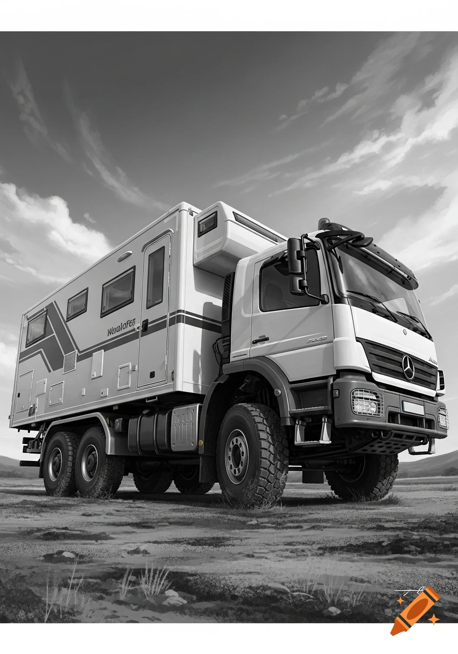 Black and white illustration of an all-wheel drive Mercedes Benz expedition truck with a living cabin, parked on a dirt road under a cloudy sky.
