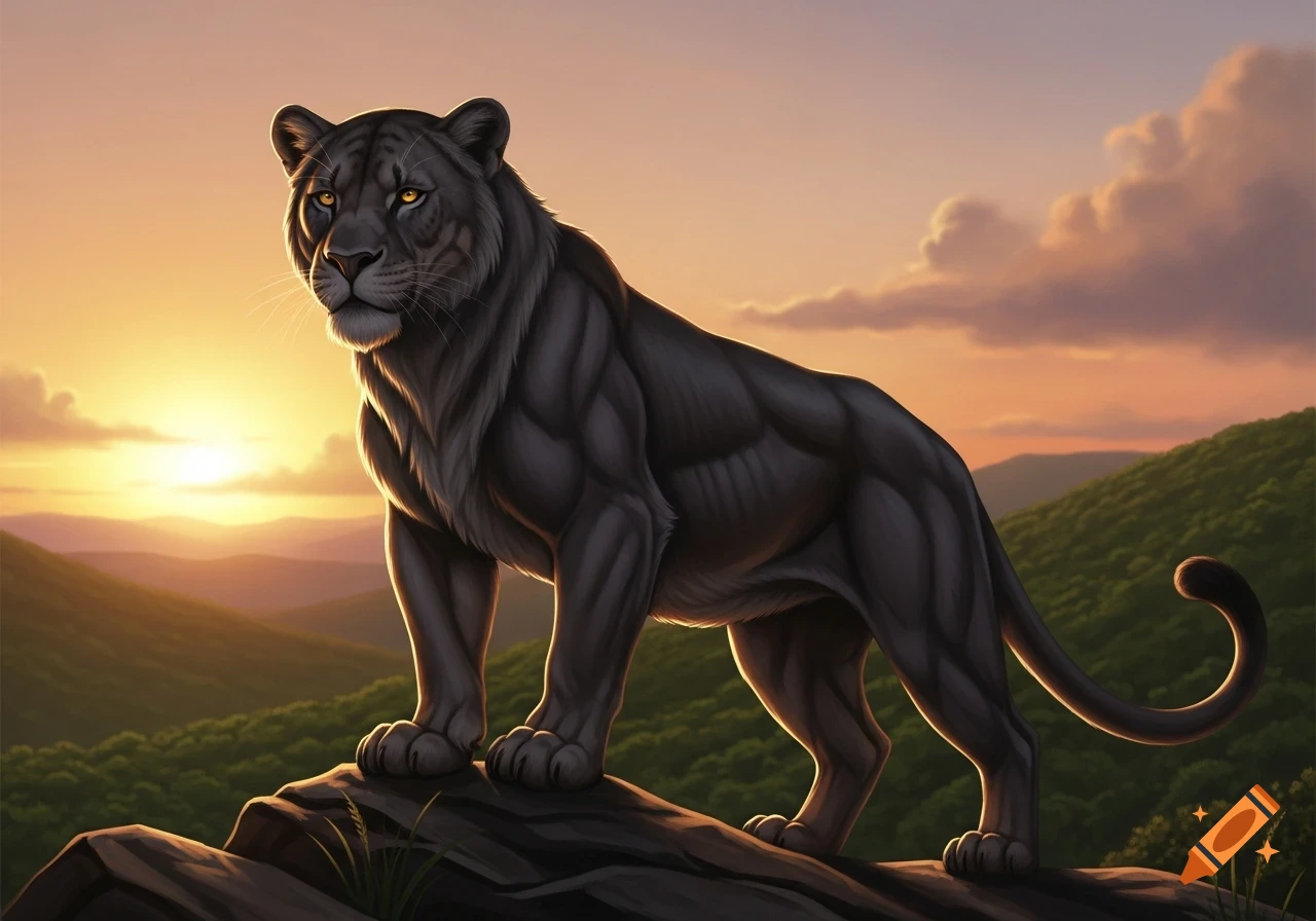 A powerful black panther with golden eyes stands on a rocky outcrop, illuminated by a sunset over a mountainous, forested landscape in a stylized digital painting.