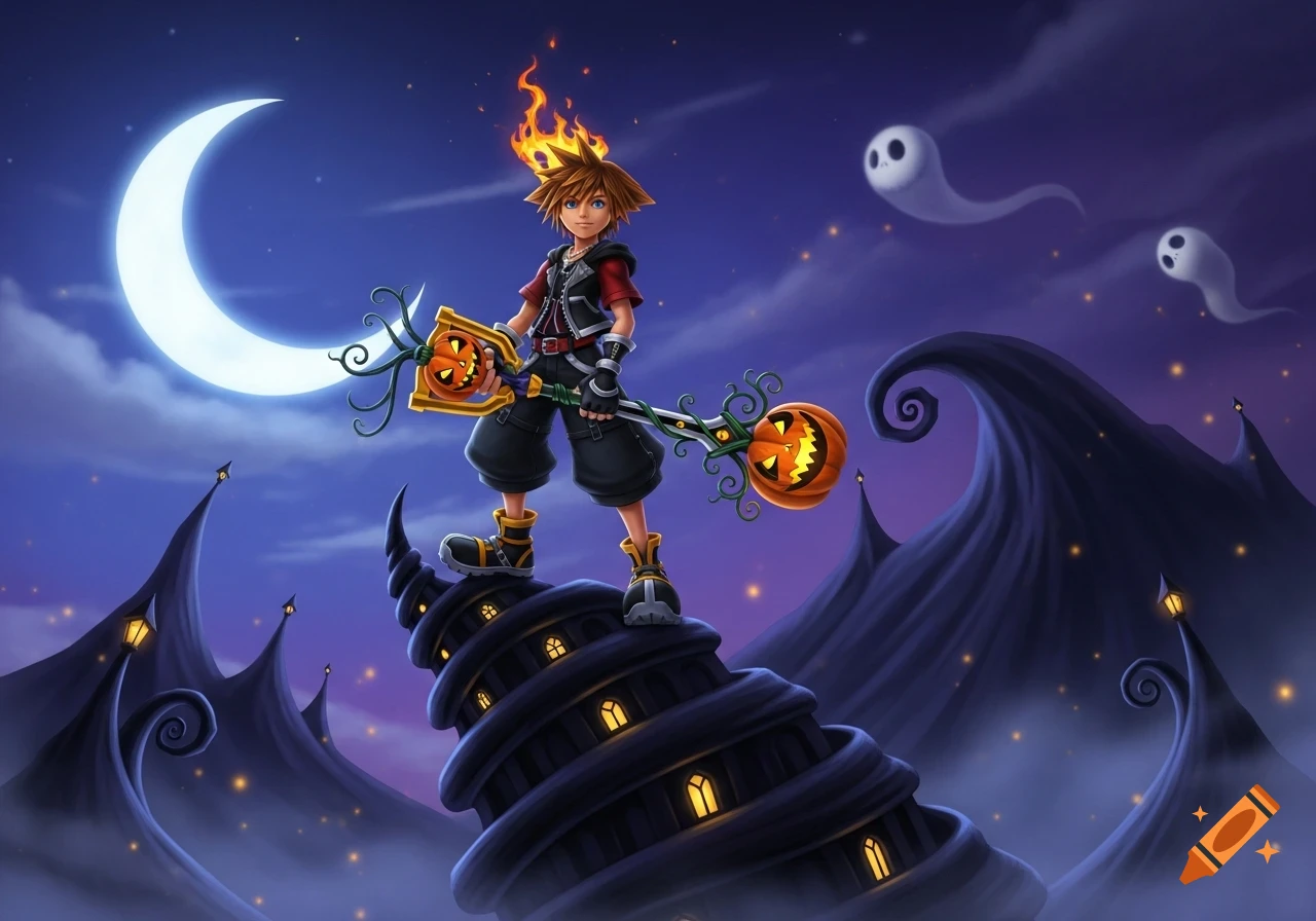 Sora from Kingdom Hearts stands on Spiral Hill, holding a pumpkin keyblade, under a crescent moon with ghosts.