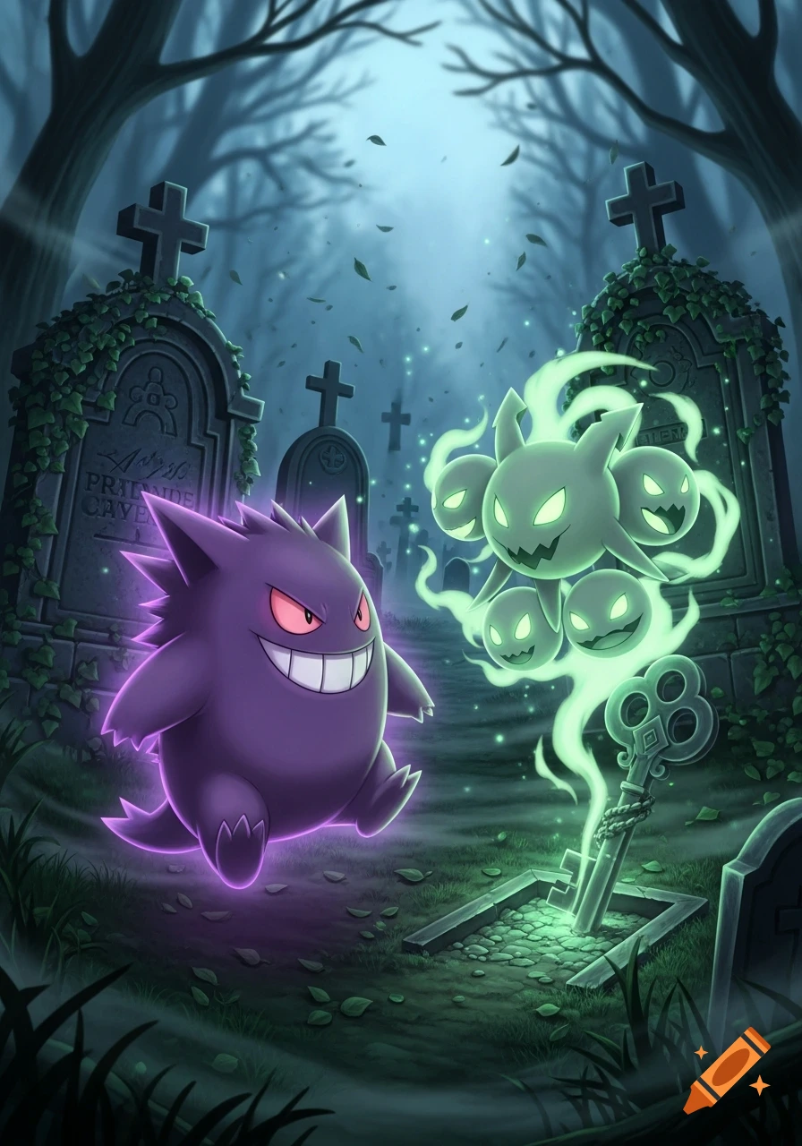A purple Gengar and a floating green Spiritomb creature in a misty, moonlit graveyard with tombstones and trees.