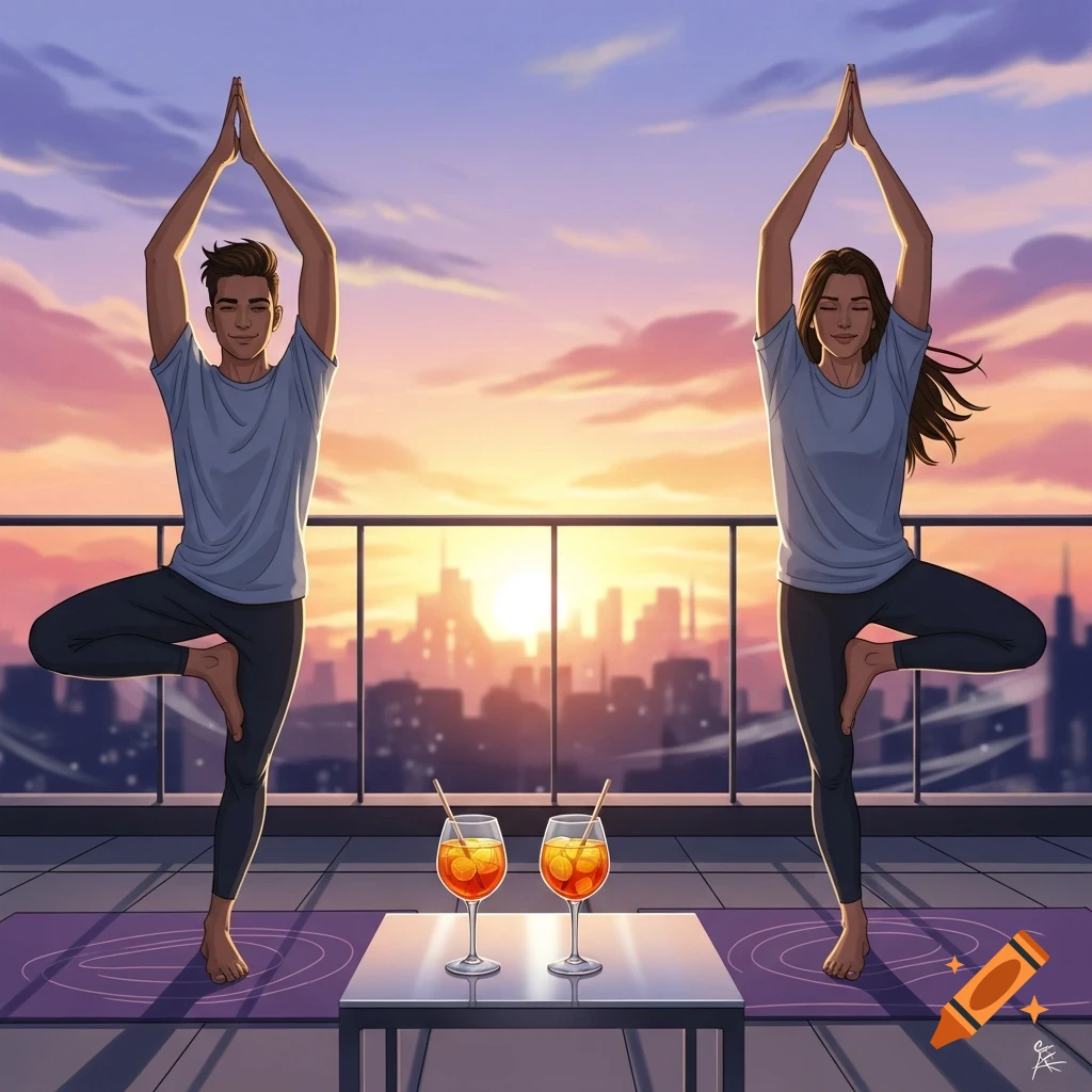 A cartoon man and woman doing yoga tree pose on a rooftop at sunset, with a city skyline and Aperol cocktails.