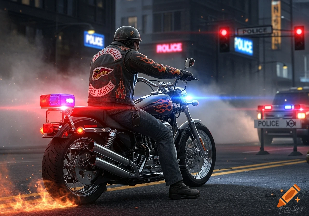 Photorealistic image of a Hells Angels biker on a motorcycle stopped by police in a city at night, with glowing lights and smoke.
