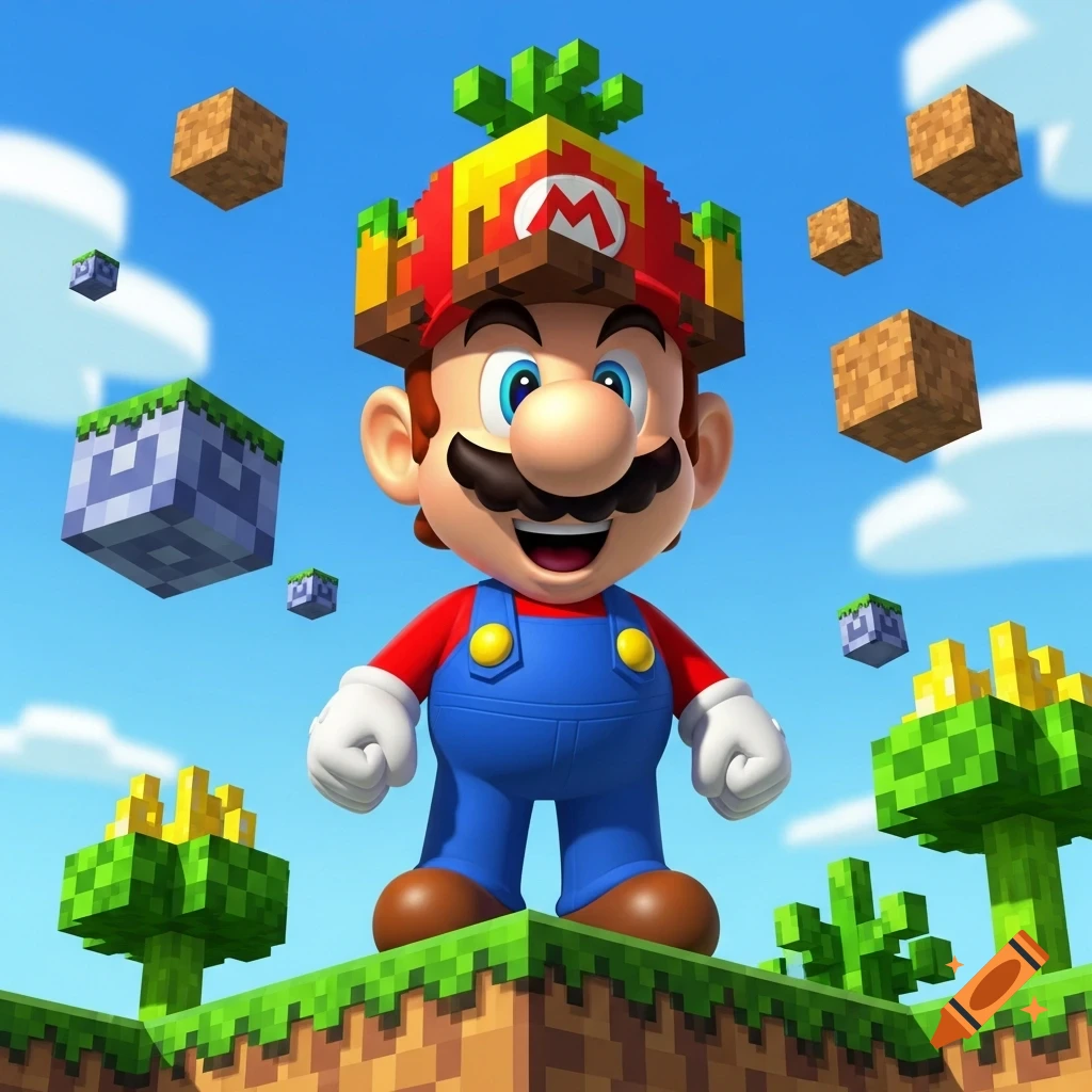 Mario in a pixelated Minecraft-style world, wearing a blocky hat, with floating block elements around him under a blue sky.