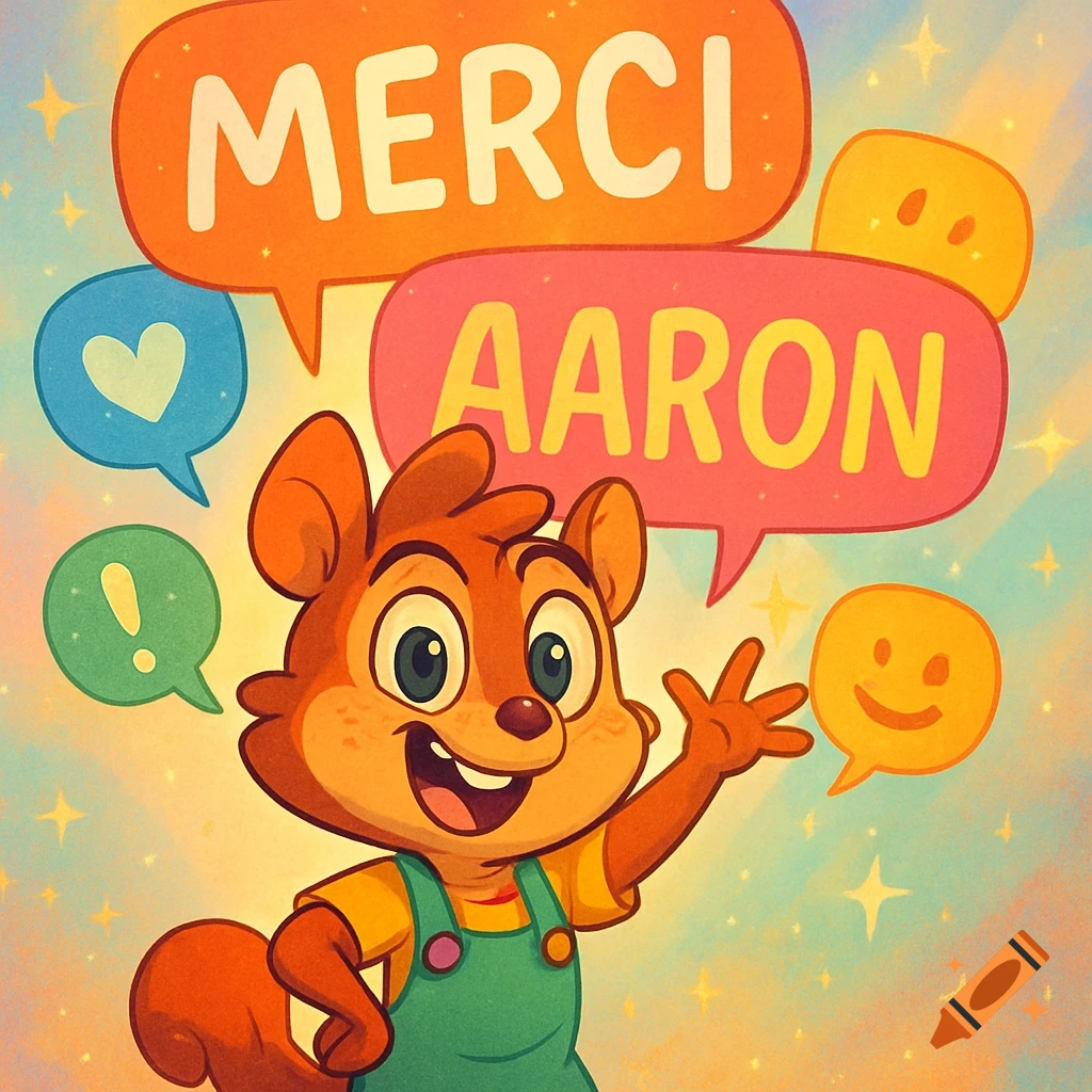 A happy cartoon squirrel-like character in overalls waves, with speech bubbles saying "MERCI" and "AARON" on a starry background.
