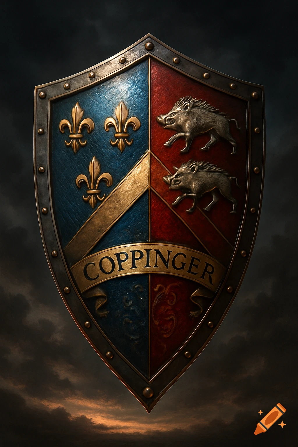 A detailed medieval shield with the Coppinger coat of arms, featuring blue fleur-de-lis, red boars, and 'COPPINGER' on a banner.