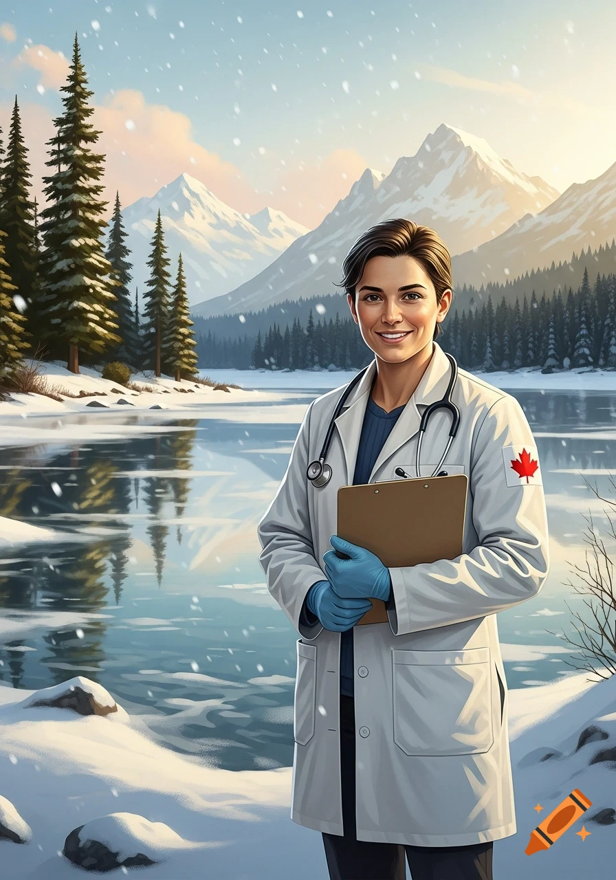 A smiling doctor in a white lab coat, blue gloves, and a Canadian flag patch stands in a snowy mountain landscape with a frozen lake and pine trees.