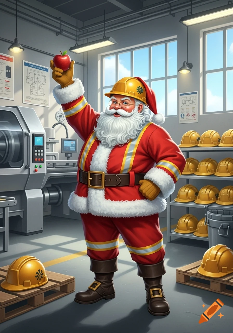 Cartoon Santa in a hard hat and safety suit holds an apple in an industrial workshop.