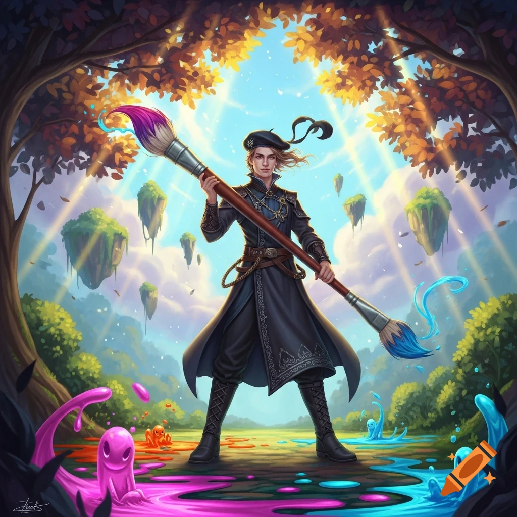 A male artist in a black beret and long coat wields a giant paintbrush in a vibrant fantasy landscape with floating islands and colorful sentient paint puddles.