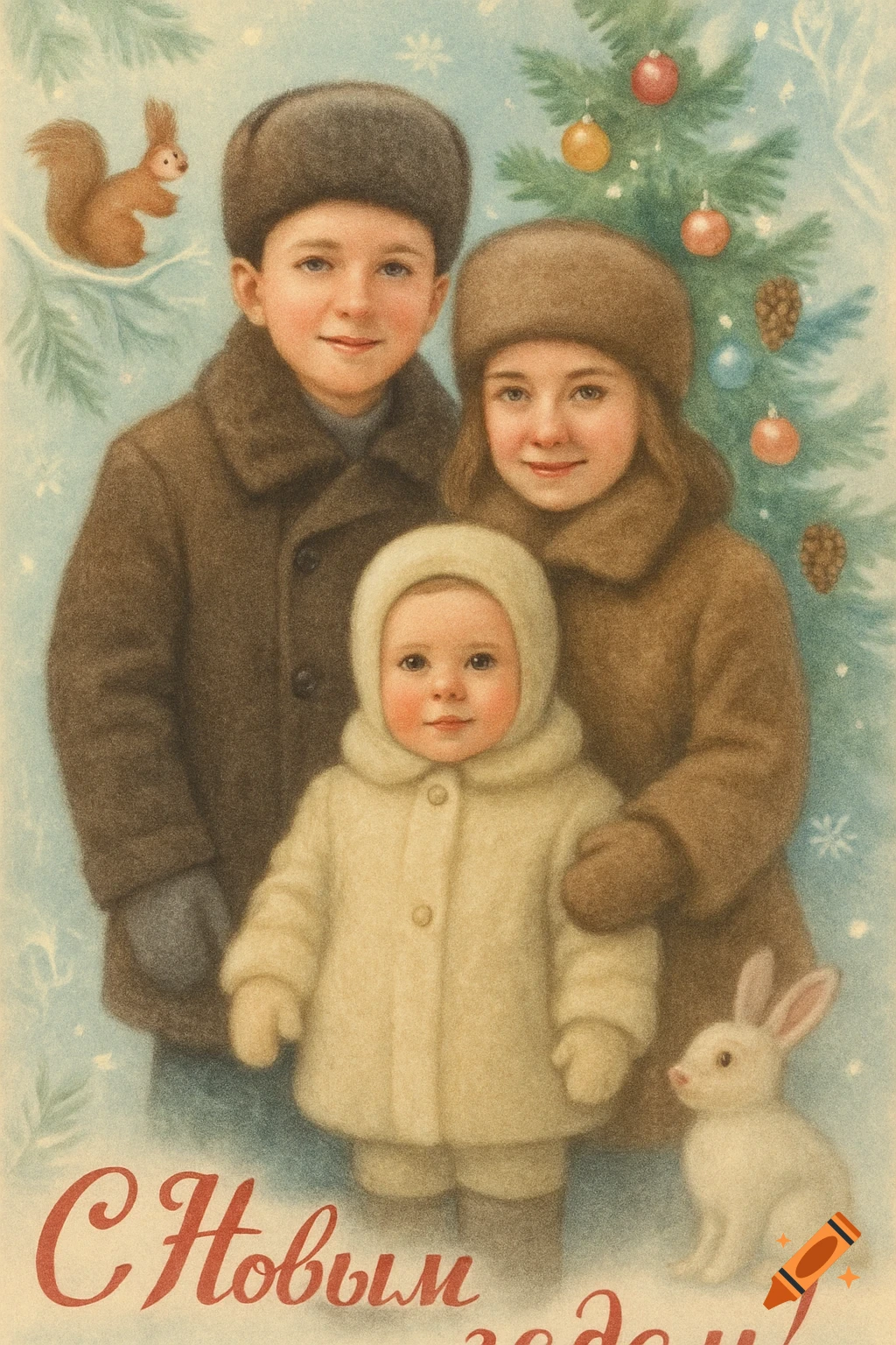 Vintage Soviet illustration of three children in winter attire, surrounded by a Christmas tree and animals. Text: 'Happy New Year!'