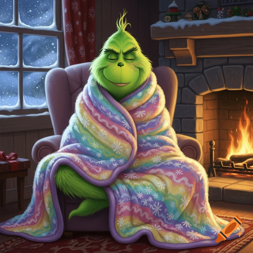 The Grinch, wrapped in a colorful rainbow blanket, sits cozy in an armchair by a roaring fireplace with snow falling outside the window.