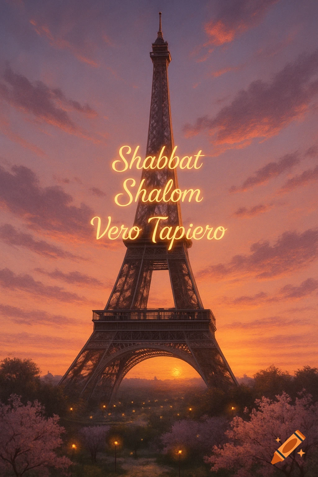 Eiffel Tower against a vibrant sunset sky, with glowing text 'Shabbat Shalom Vero Tapiero' and pink blooming trees in the foreground.