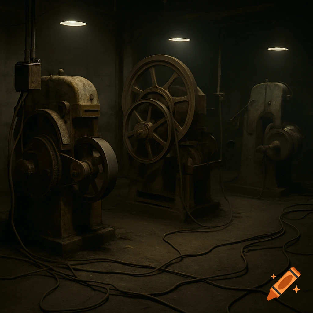 Three old, rusty industrial machines with exposed gears and wiring in a dark, dimly lit workshop.