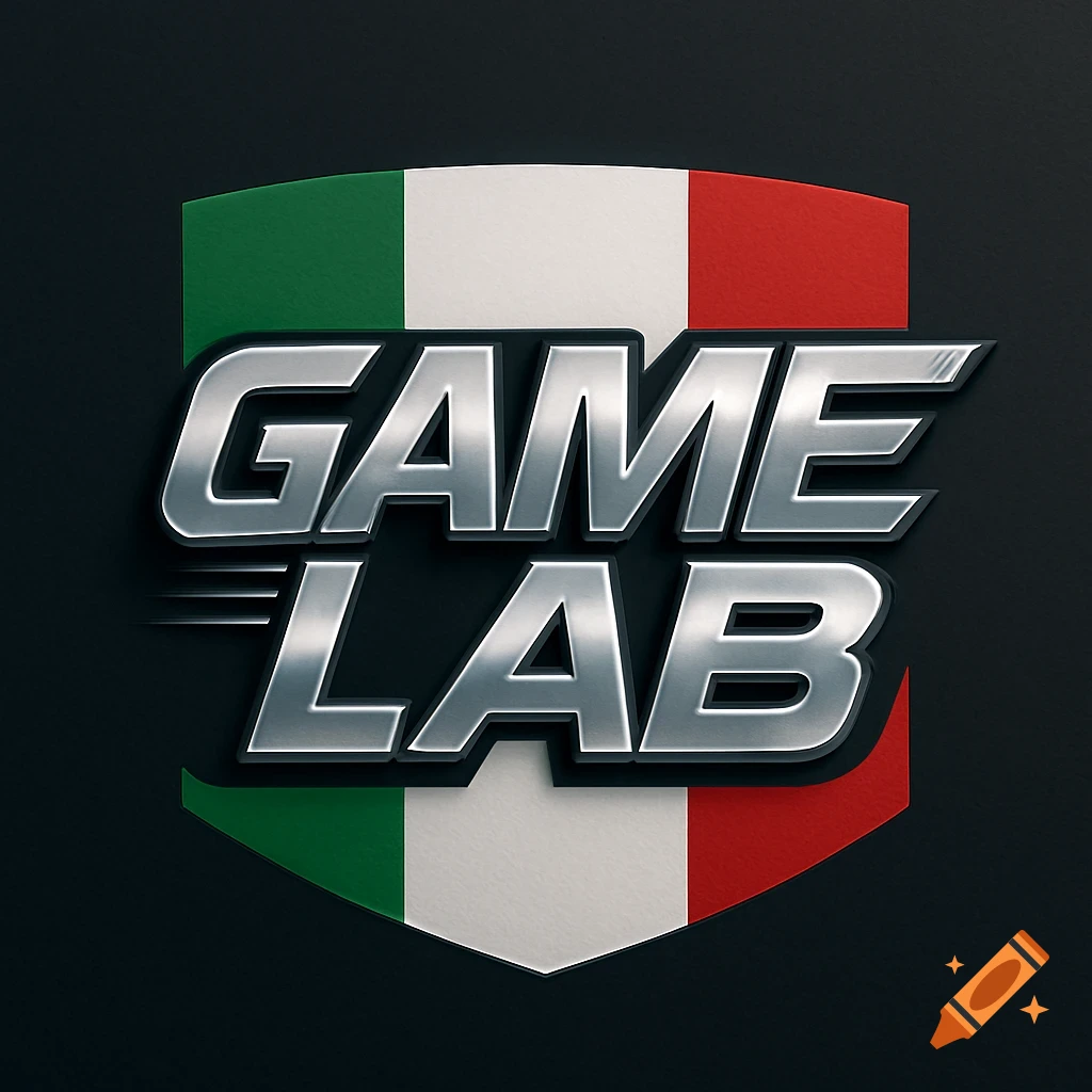 Metallic 'GAMELAB' logo on a shield-shaped Italian flag emblem against a dark background.