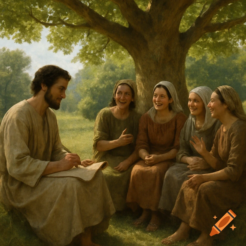 A man writes on a scroll while four women laugh and listen under a large tree in a green landscape, in a painterly style.
