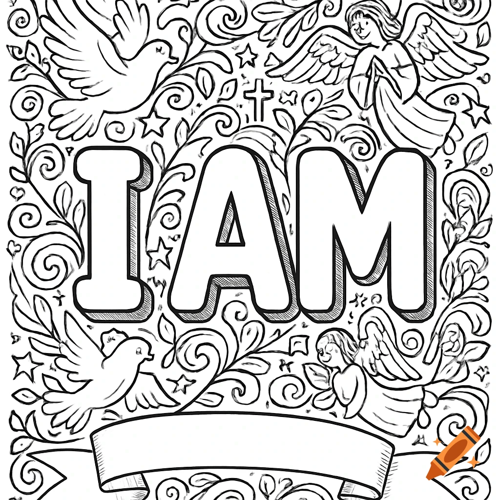 Black and white Christian coloring page with 'I AM' in bubble letters, surrounded by angels, doves, and a cross, with a blank banner.