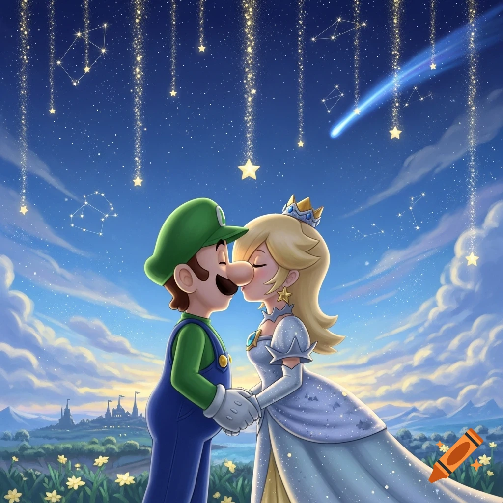 Luigi and Rosalina kiss under a starry night sky with constellations and falling stars, a castle in the distance.