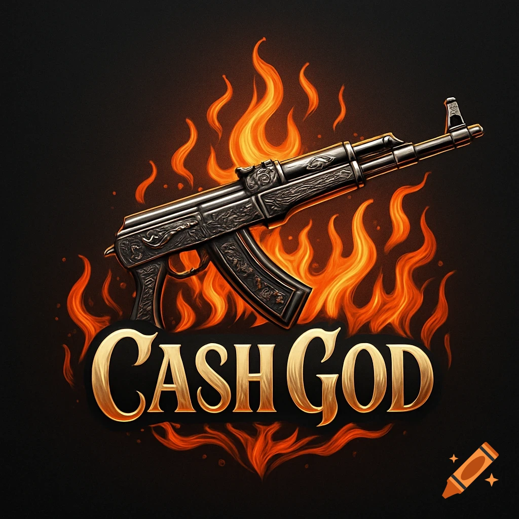A stylized logo featuring a decorative AK-47 assault rifle engulfed in flames, with the words 'CASH GOD' in gold lettering.