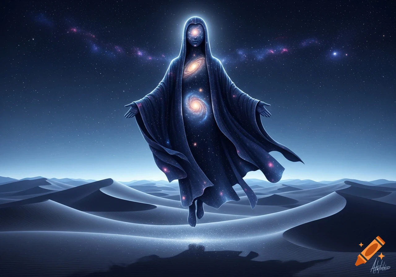 A cosmic cloaked figure with galaxies inside stands over a starry desert at night, with a bright halo around its head.