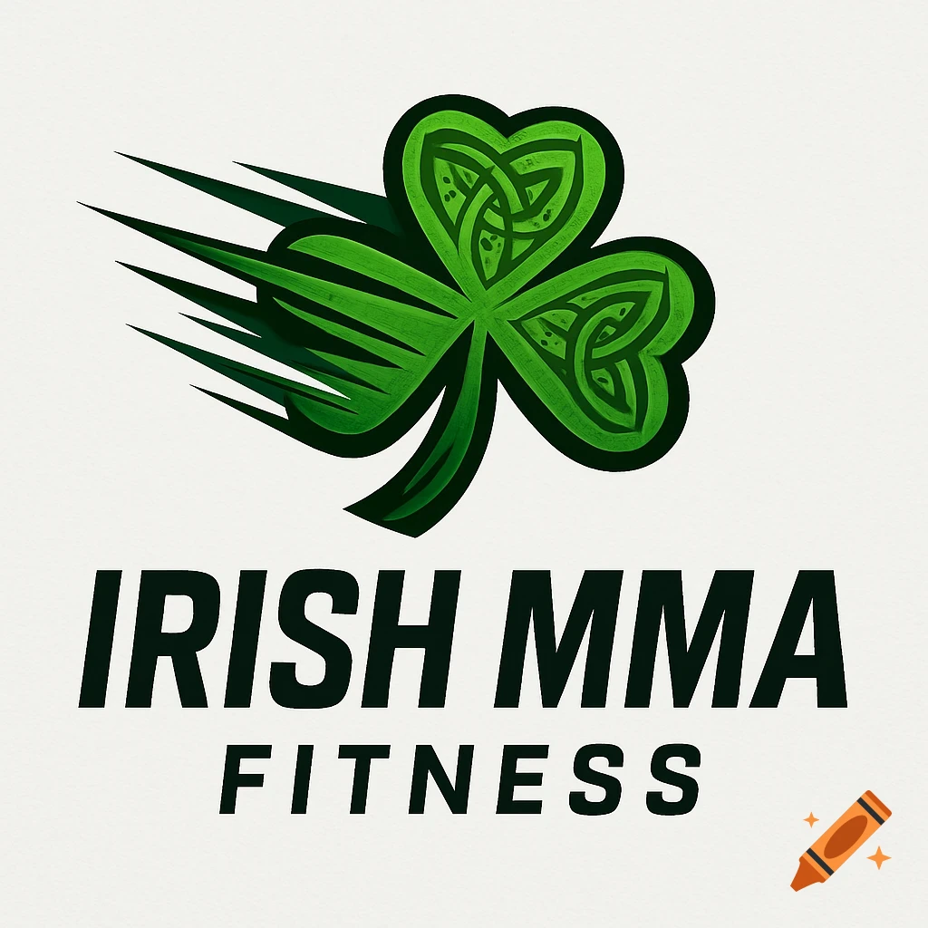 A green shamrock logo with Celtic knot patterns and speed lines, above the text 'IRISH MMA FITNESS'.