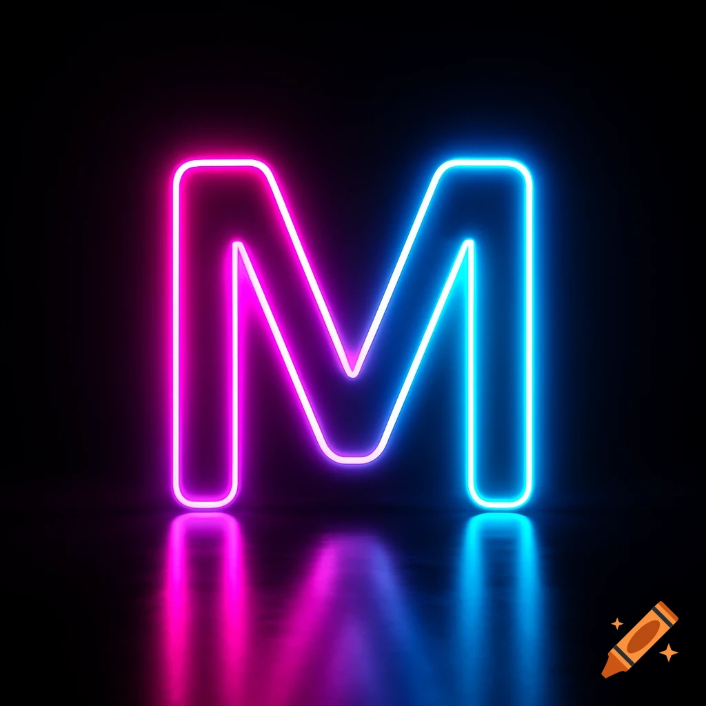 A neon glowing letter M, half magenta and half blue, reflected on a dark surface.