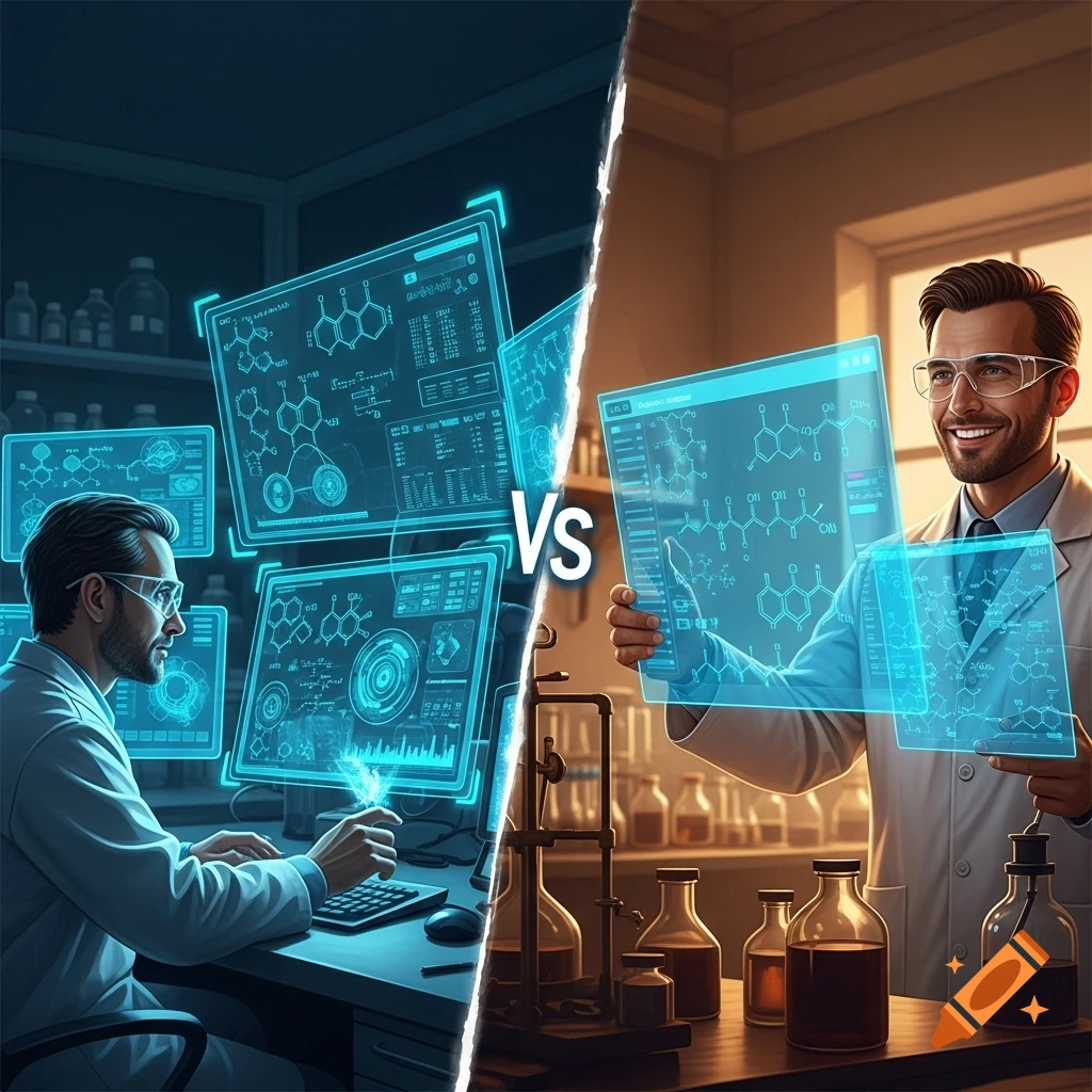 Split image shows two male chemists with glowing holographic screens in a lab. Left, a chemist looks at multiple screens with chemical formulas and data. Right, a smiling chemist holds one large holographic screen.