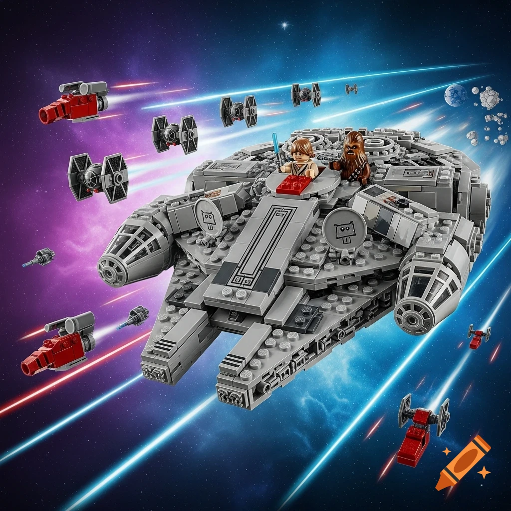 A detailed LEGO Millennium Falcon, with Luke and Chewbacca, battles TIE fighters in a colorful, starry space setting.