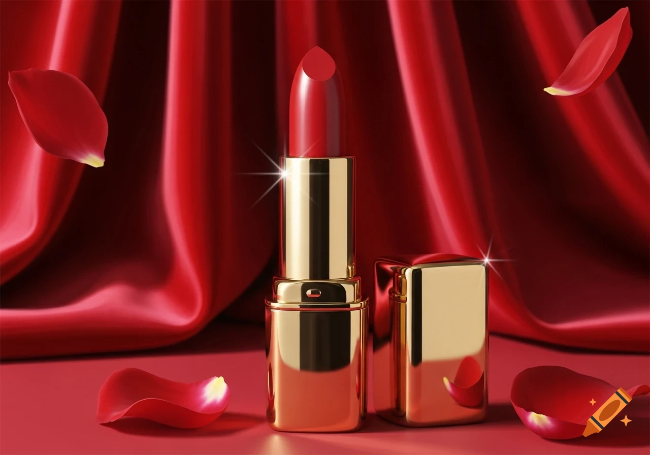 Red lipstick in a gold tube and scattered rose petals on a red satin background, photorealistic style.