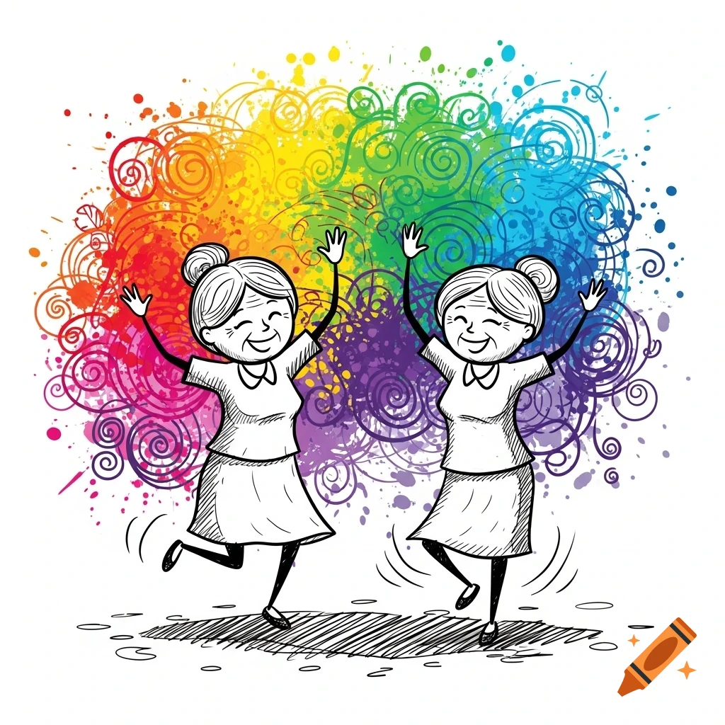 Two happy elderly women in a black and white sketch style dance against a vibrant, colorful, abstract background of splatters and swirls.