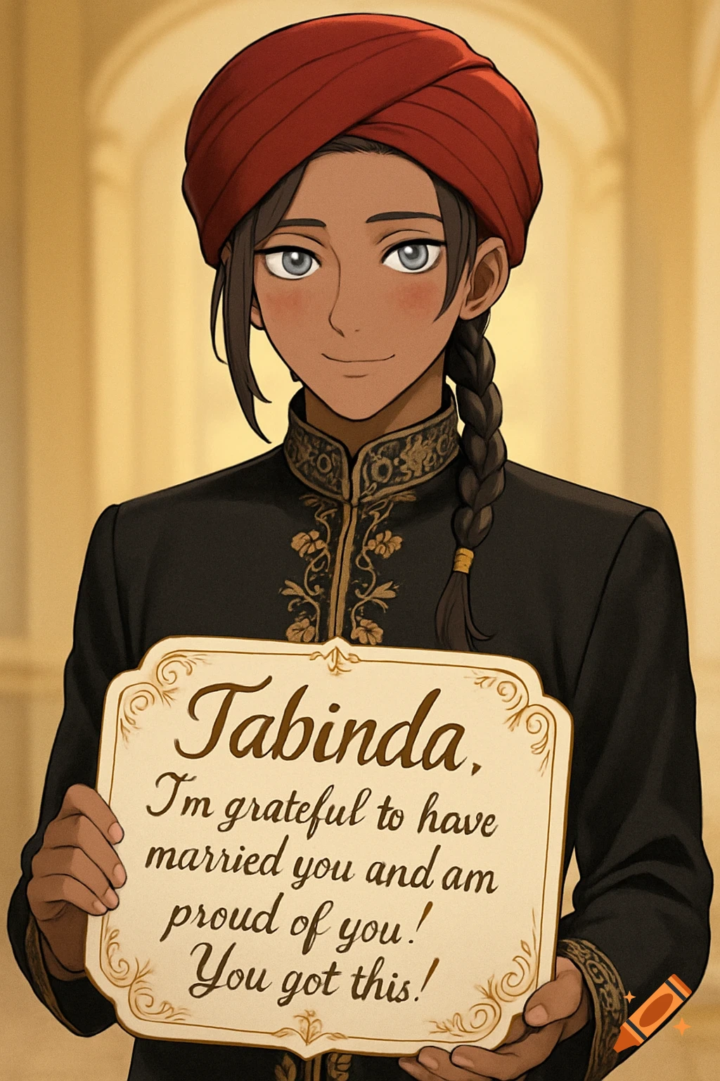 An anime character with dark skin, a red turban, and an embroidered black outfit holds a sign with a message of gratitude.