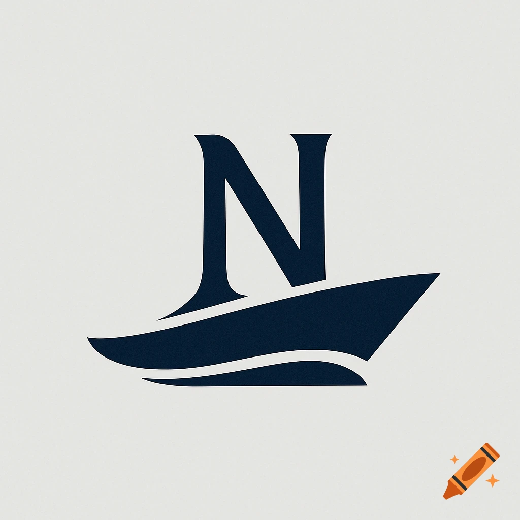 A minimalist logomark featuring a dark blue letter N integrated into an abstract boat shape on a light background.