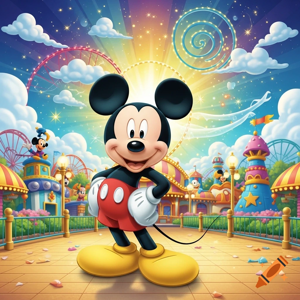 Mickey Mouse smiles in a vibrant, starry amusement park with colorful rides and confetti on the ground, in a cheerful cartoon style.