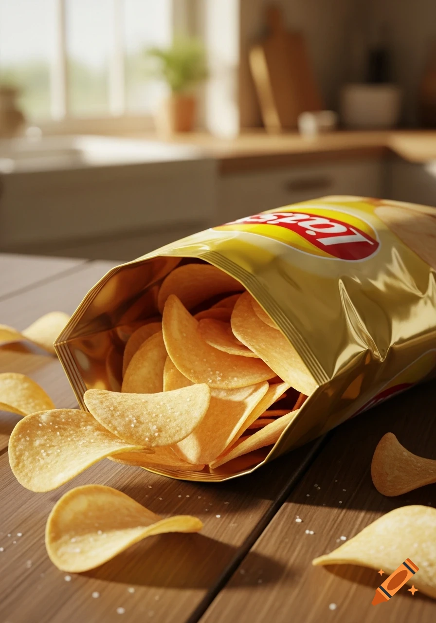 Open bag of Lay's potato chips spilling onto a wooden table in a sunny kitchen, photorealistic.