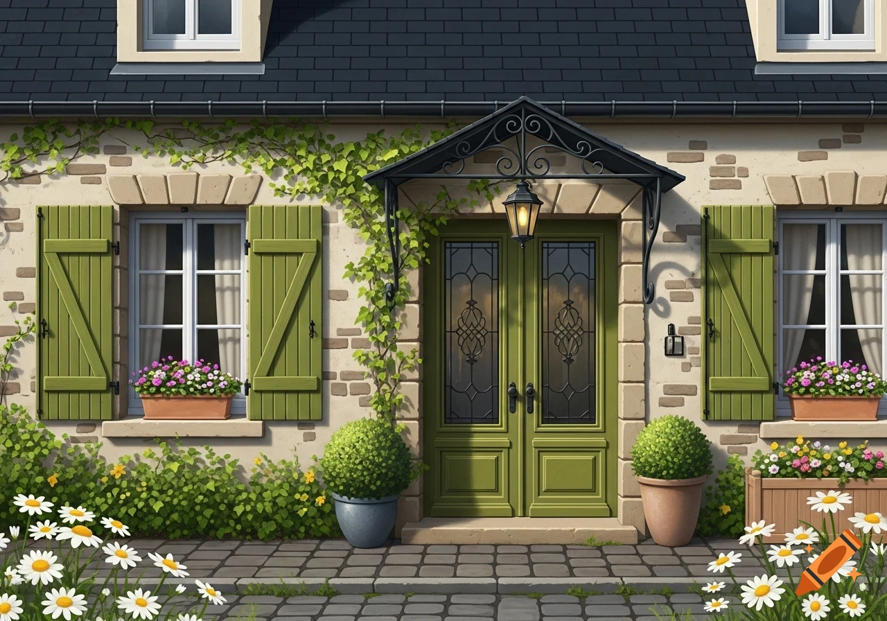 A charming French-style house exterior with olive green shutters and double doors, covered in ivy and surrounded by flowers.