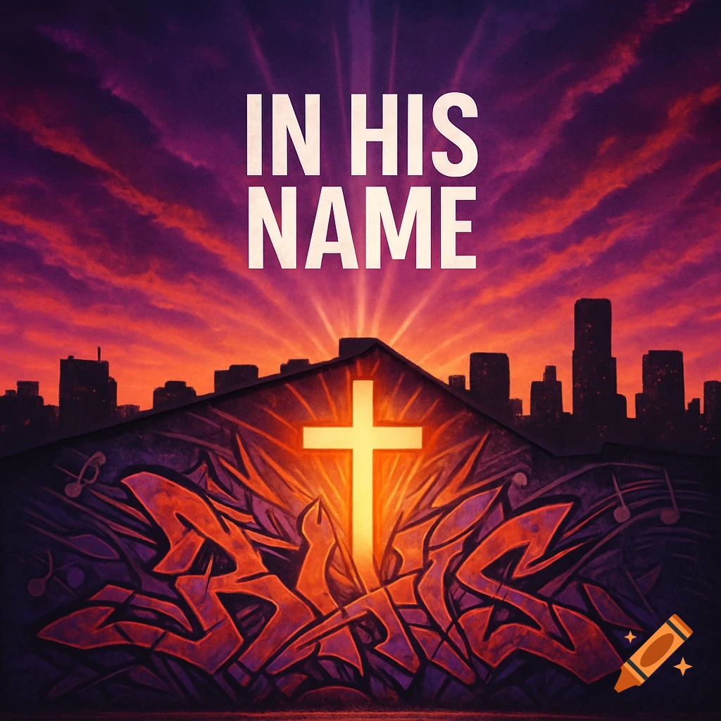 Album cover with "IN HIS NAME" text above a glowing cross, graffiti, and city skyline at sunset.