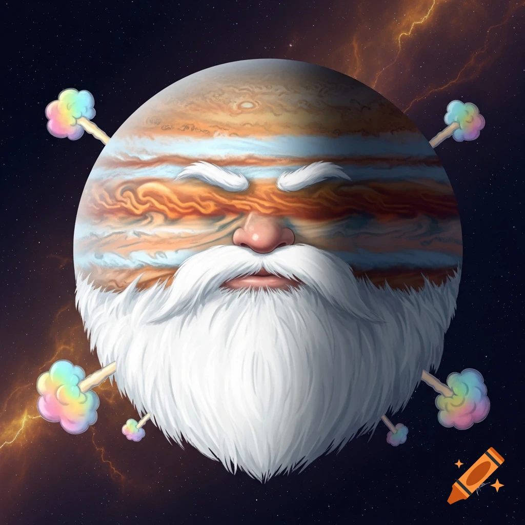 Stylized illustration of Jupiter as an old man with a white beard, nose, and mouth, emitting colorful cartoon clouds into space with distant lightning.