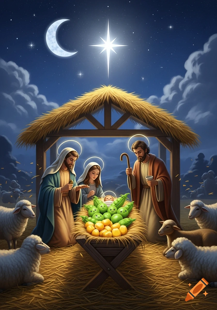 A humorous Nativity scene shows Mary, Joseph, and sheep around a manger filled with smiling peas and corn under a starry night.