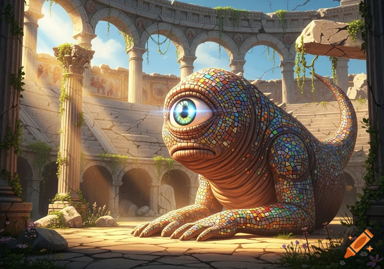 A large, colorful mosaic cyclops creature with one prominent eye in ancient, crumbling ruins under a sunny sky.