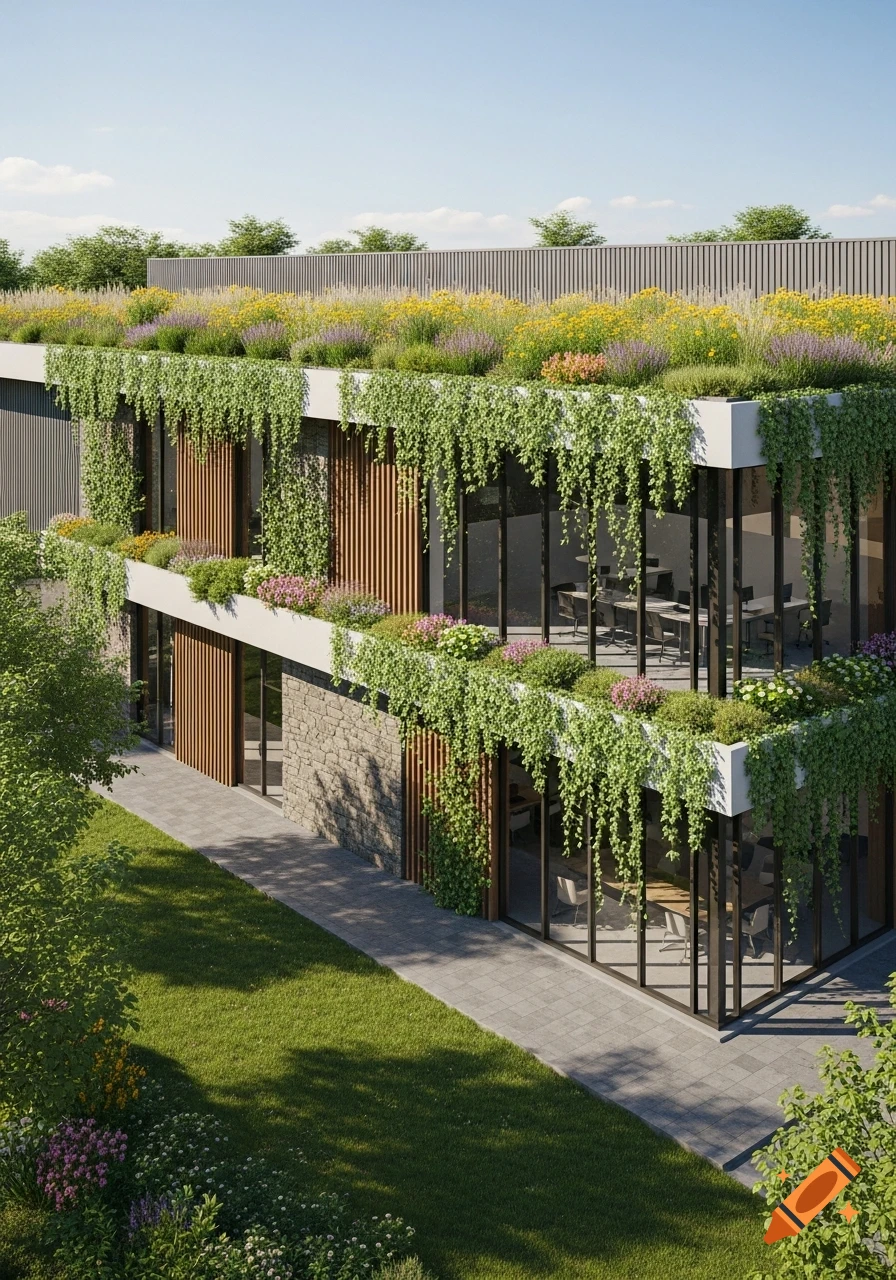 Photorealistic rendering of a modern building with a lush green roof and facade, surrounded by a manicured lawn and garden.