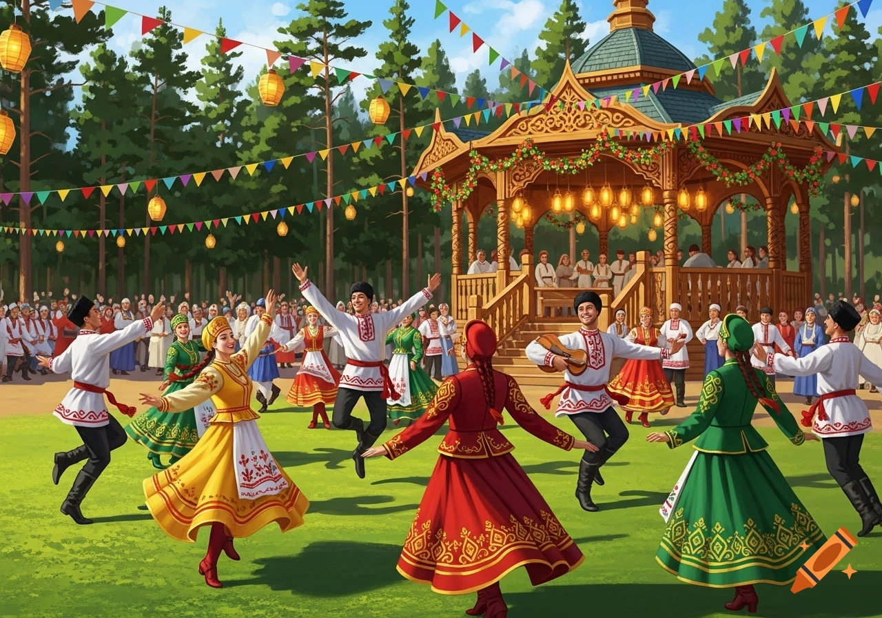 People in traditional folk costumes dance joyfully outdoors during a festival with a decorated wooden gazebo and colorful banners.