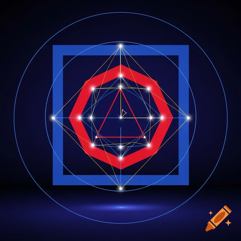 A glowing red octagon and triangle interconnected by lines within a blue square and concentric circles, on a dark blue background.