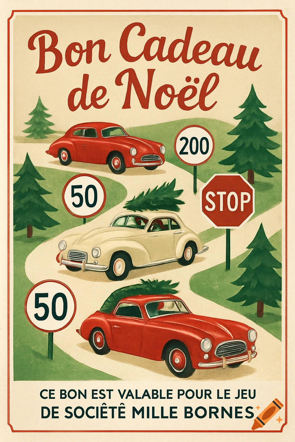 A vintage-style Christmas poster with retro cars, Christmas trees, French road signs, and text for a Mille Bornes gift voucher.