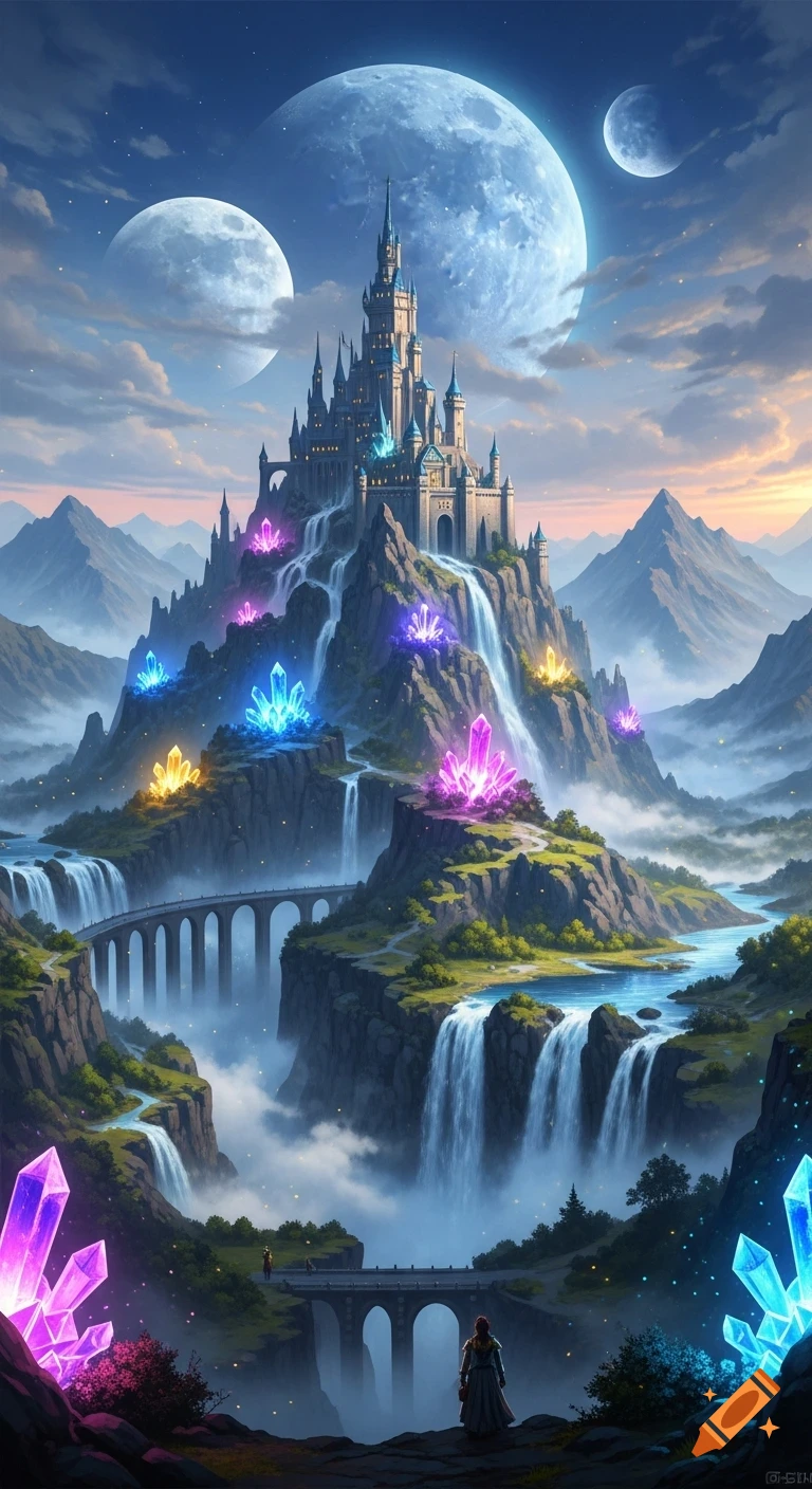 A majestic fantasy castle on a mountain peak, surrounded by glowing crystals, waterfalls, bridges, and two large moons in a digital art style.