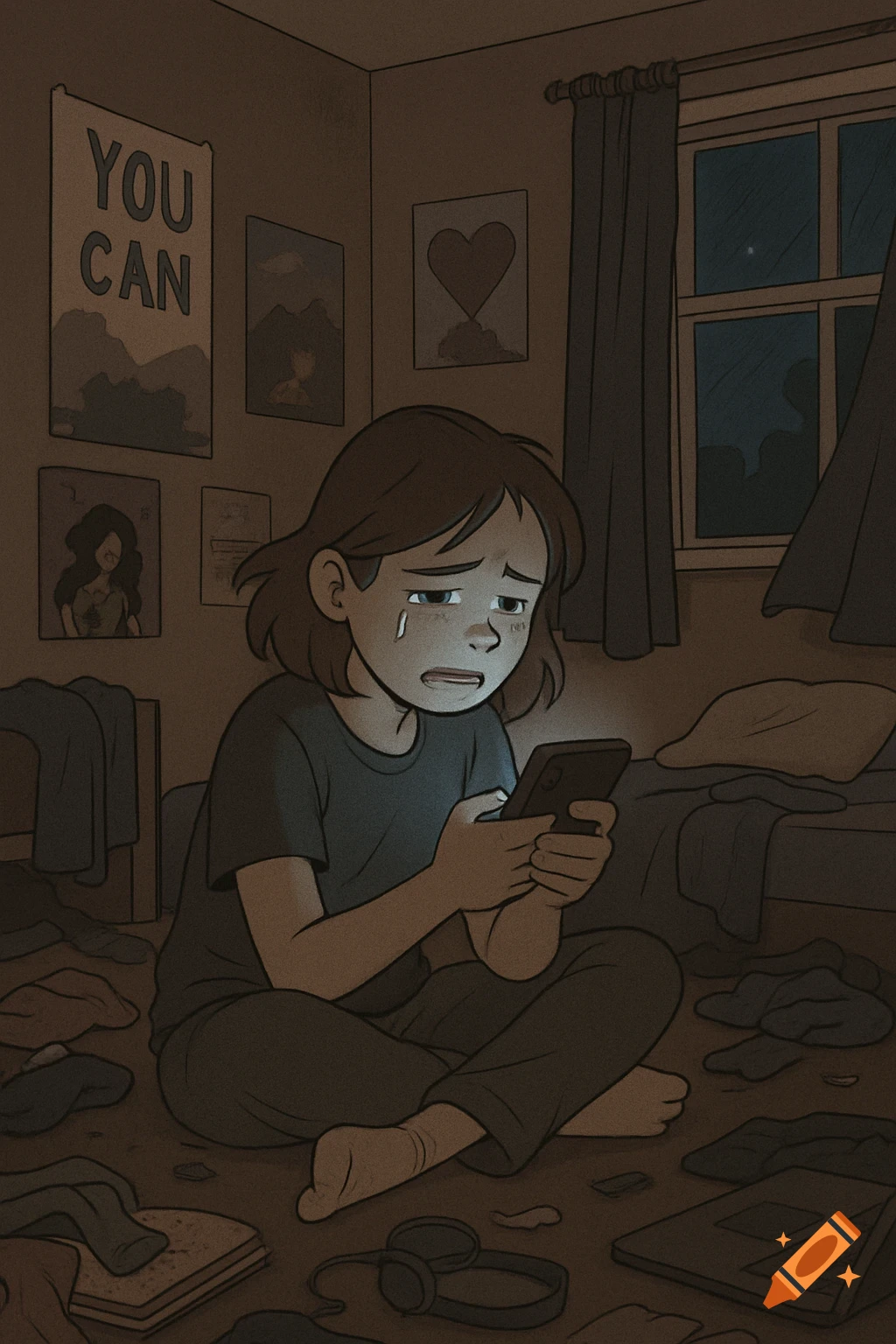 An illustration of a crying teenage girl looking at her phone in a messy, dark room.