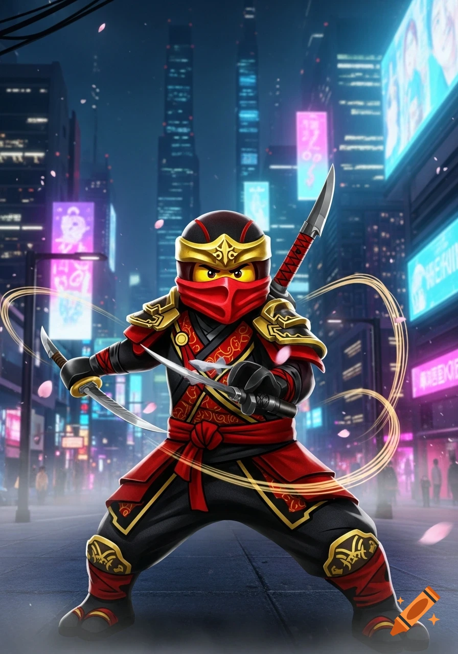 A Lego Ninjago character in red and black ninja armor with swords stands in a neon-lit futuristic city.