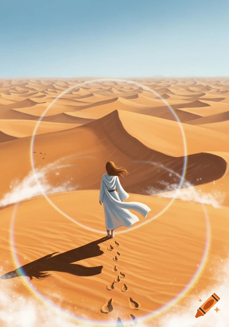 A person in a white robe stands barefoot looking over vast sand dunes with a subtle rainbow halo, digital painting.